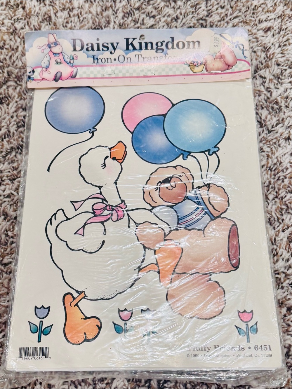 Daisy Kingdom Fluffy Friends Pink & Blue Balloon Iron-On Transfer 90s - 6451